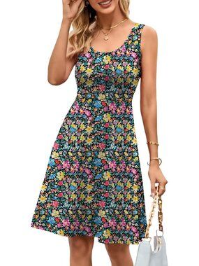 Women's Gray Pink Flower A line Sleeveless Wide Strap High Waist Tank Midi Dress